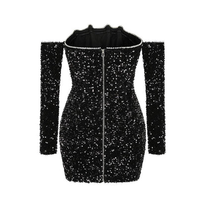 Sparkling Sequin One-Shoulder Long Sleeve Party Dress