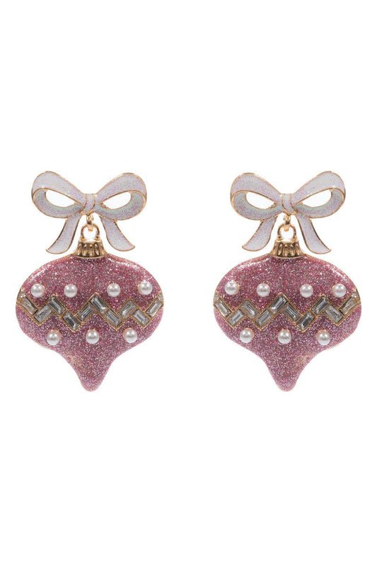 White Bow with Pink Glitter and Pearl Ornament 2" Christmas Earring