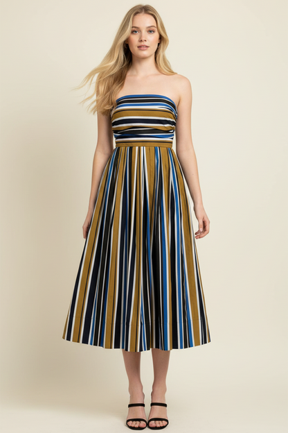 MULTI-COLOR STRIPE RUCHED TUBE MIDI DRESS - 6608DD