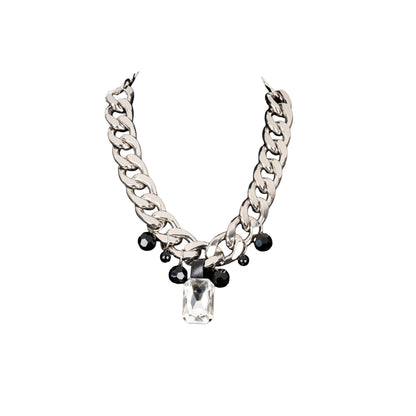 Silver Chain Statement Necklace with Crystal Pendant