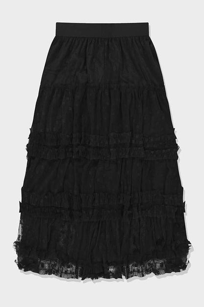 Ruffled Layers/Floral Lace Midi Skirt in Black