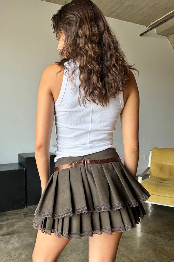Vintage Leather Mini Pleated Skirt in Brown