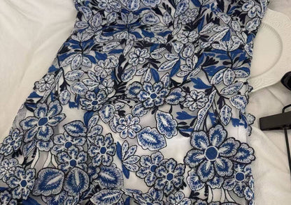 Lace Embroidery Short Tube Dress with Blue Contrast