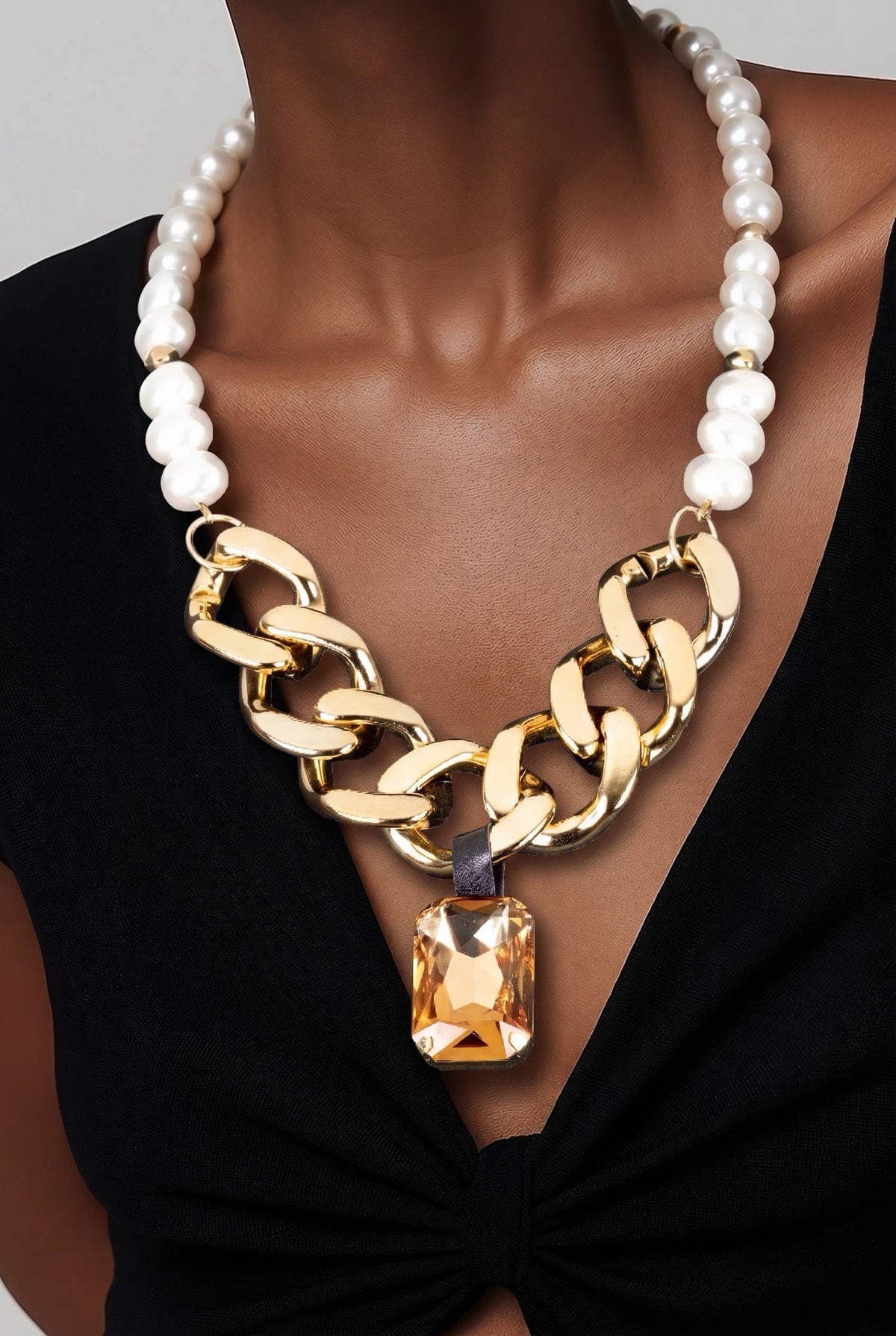 Gold Chain & Pearl Necklace with Amber Crystal Pendant