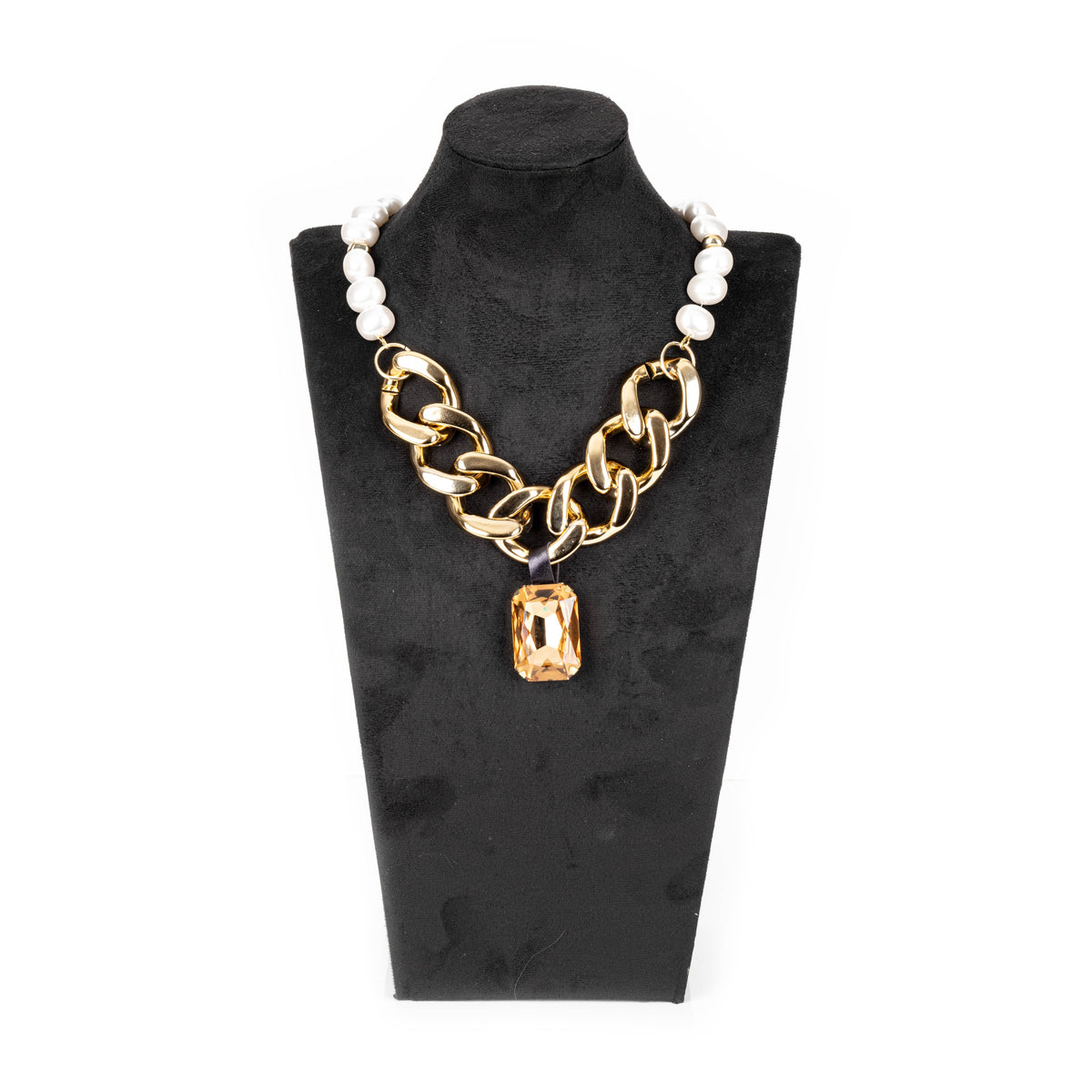 Gold Chain & Pearl Necklace with Amber Crystal Pendant