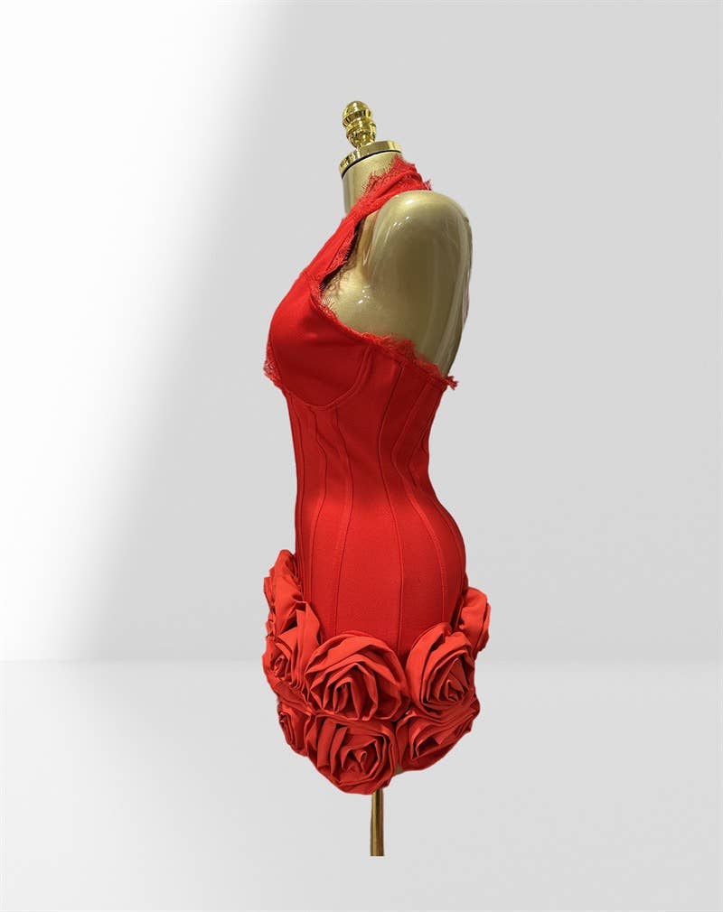 Elegant Red Halter Neck Lace Flower Bandage Skirt