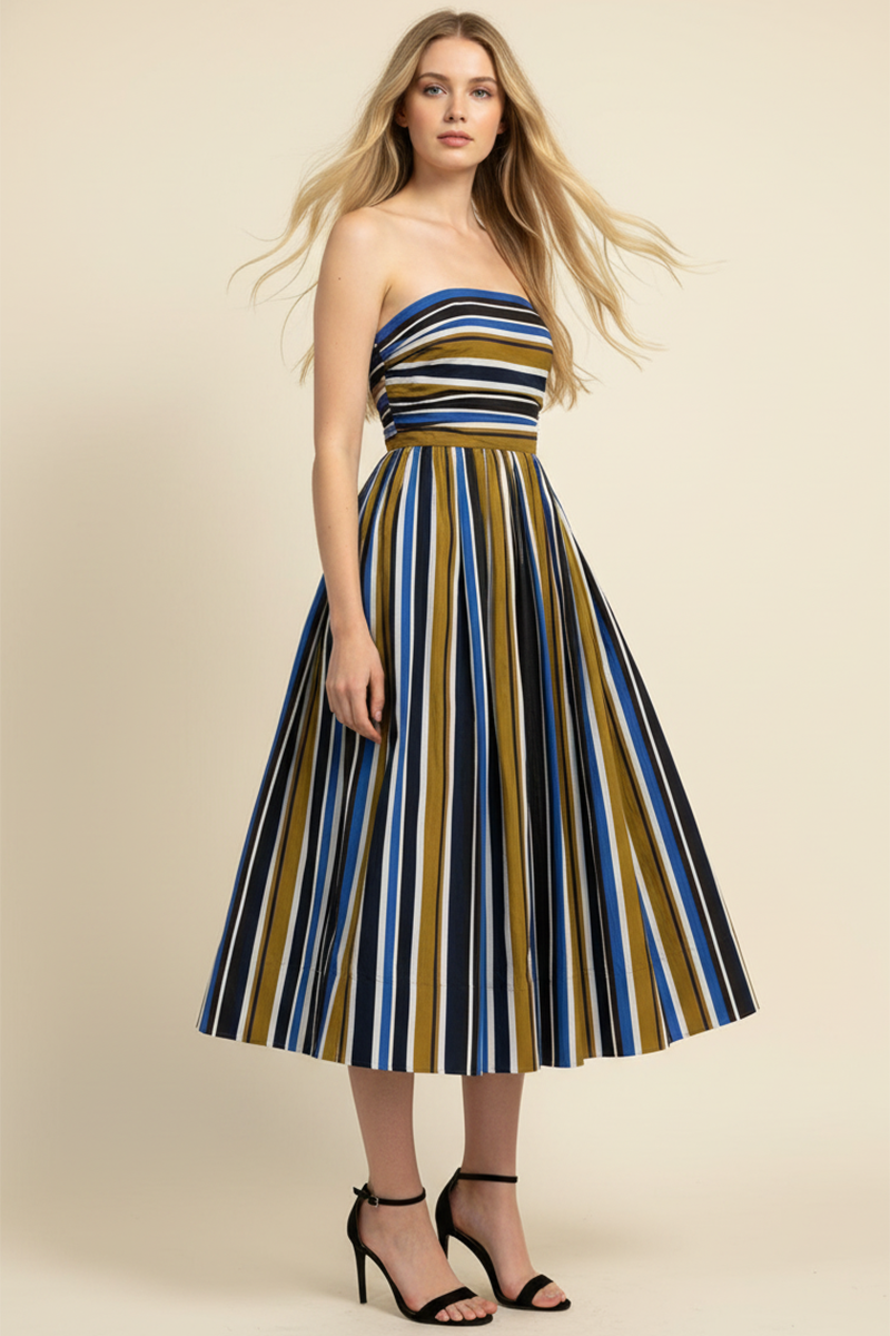 MULTI-COLOR STRIPE RUCHED TUBE MIDI DRESS - 6608DD