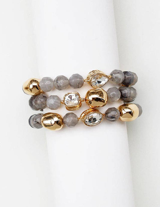 Grey Stone and Gold Set of 3 with Rhinestone Accent Stretch Bracelets