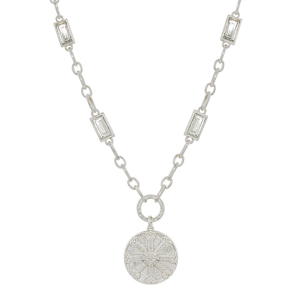Silver with Clear Rectangle Crystal Chain and Silver Hammered Coin 16"-18" Necklace
