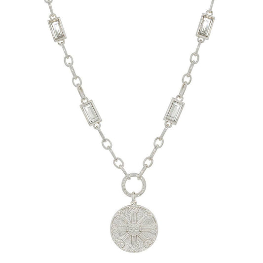 Silver with Clear Rectangle Crystal Chain and Silver Hammered Coin 16"-18" Necklace
