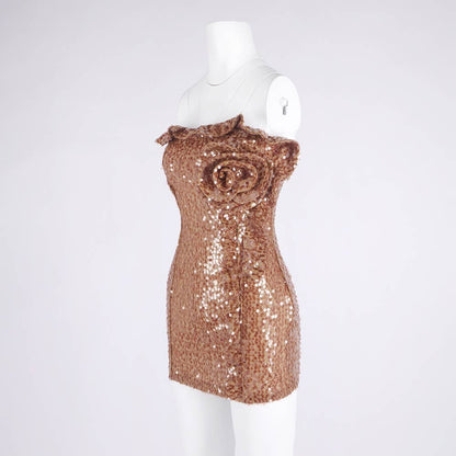 3D Floral Sequin Strapless Ruffle Evening Dress