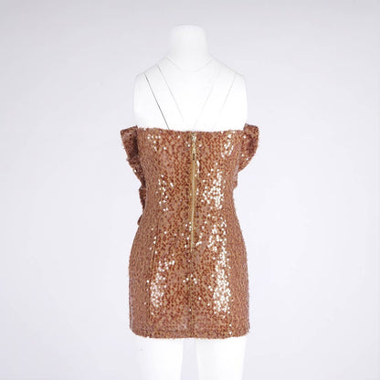 3D Floral Sequin Strapless Ruffle Evening Dress