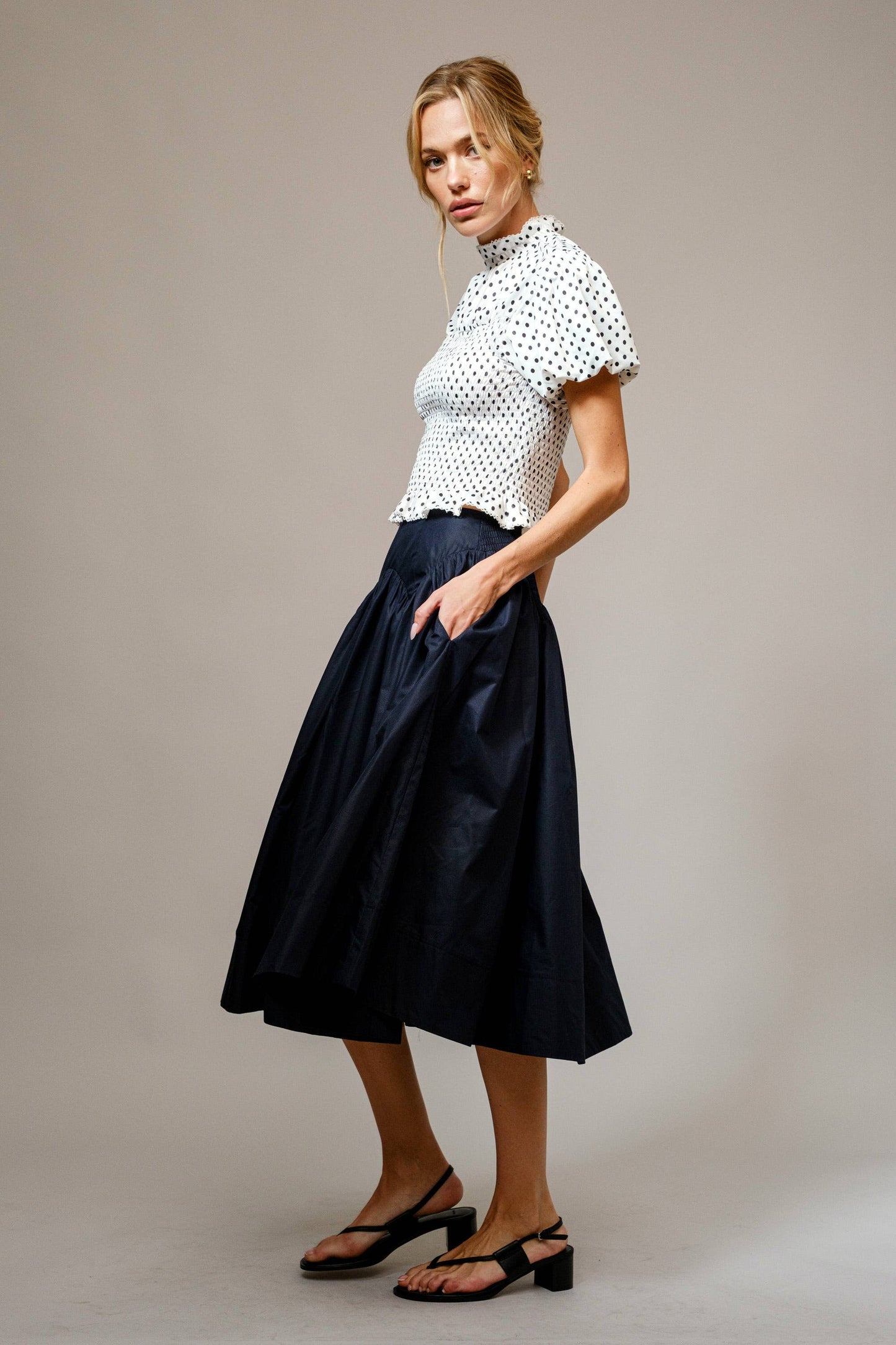 Polka Dot Smocked Mock Neck Top