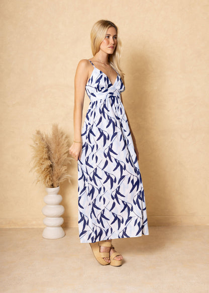 Blue Leaves Print Cotton Maxi Dress