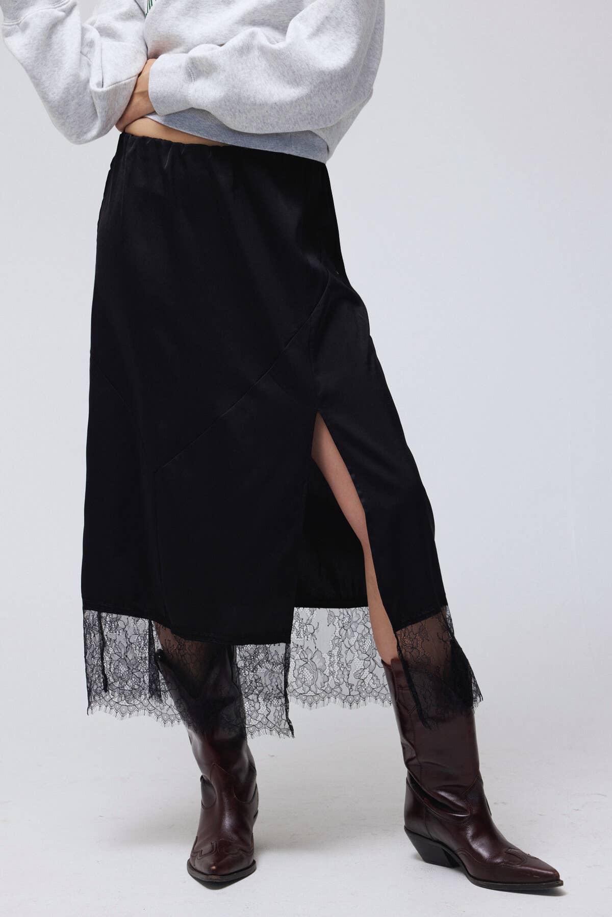 Lace Trim Satin effect Comfy Slit Midi Skirt