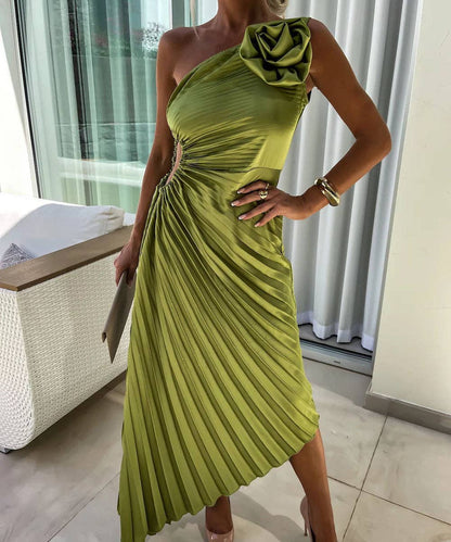 Asymmetric Shoulder Pleated Gown
