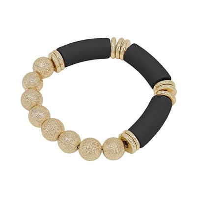 Gold Textured Beaded and Black Wood Bar Stretch Bracelet