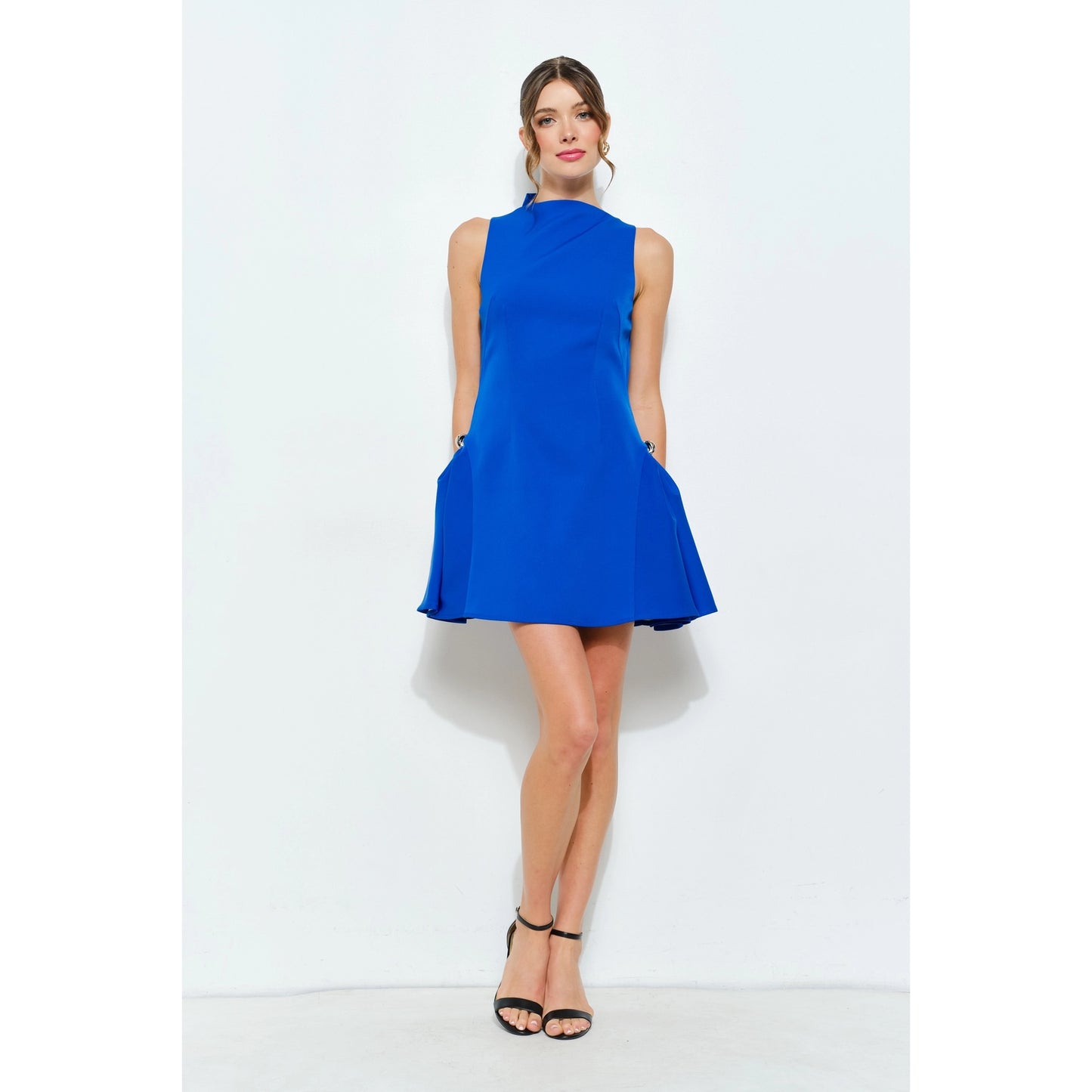 Metal Accent Side-Pleat Sculpted Mini Dress in Blue