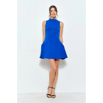 Metal Accent Side-Pleat Sculpted Mini Dress in Blue
