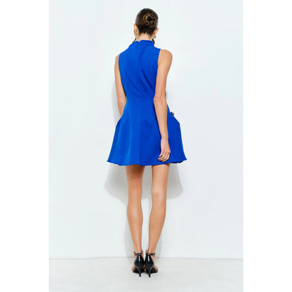 Metal Accent Side-Pleat Sculpted Mini Dress in Blue