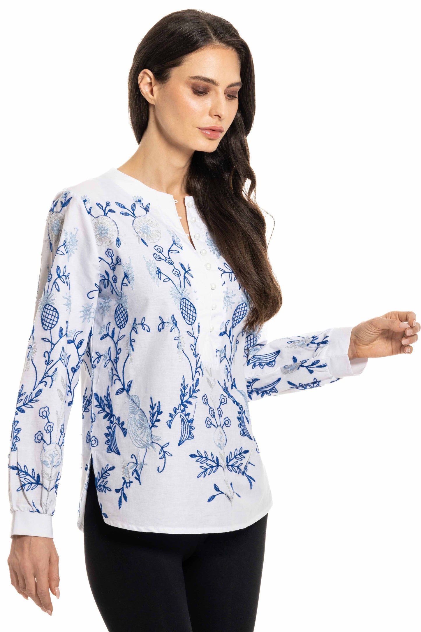 White and Blue Embroidered Long Sleeve Blouse