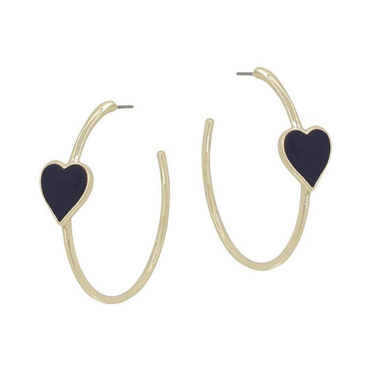 Black Enamel Heart on Gold Hoop 2" Earring
