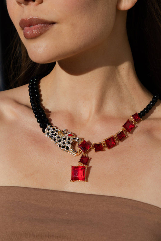 Red Leopard Brooch Statement Necklace