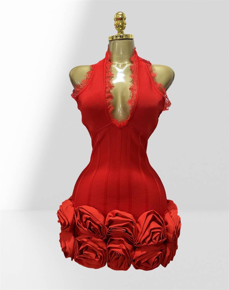 Elegant Red Halter Neck Lace Flower Bandage Skirt