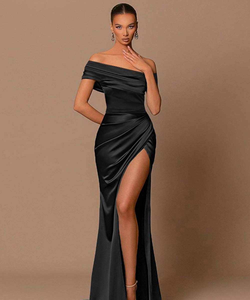 Asymmetric High-Slit Evening Dress