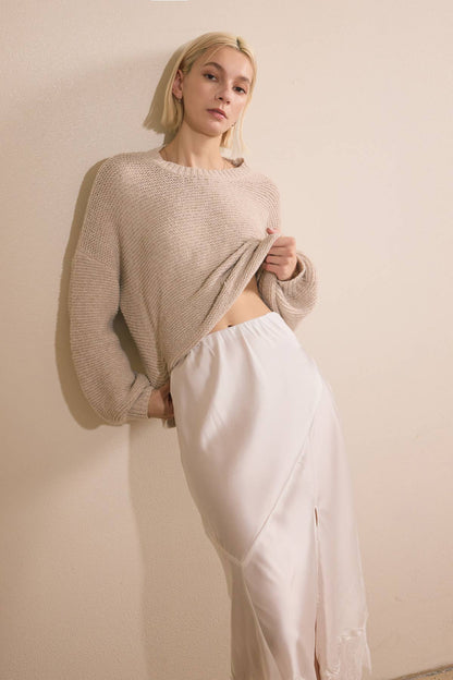Lace Trim Satin effect Comfy Slit Midi Skirt