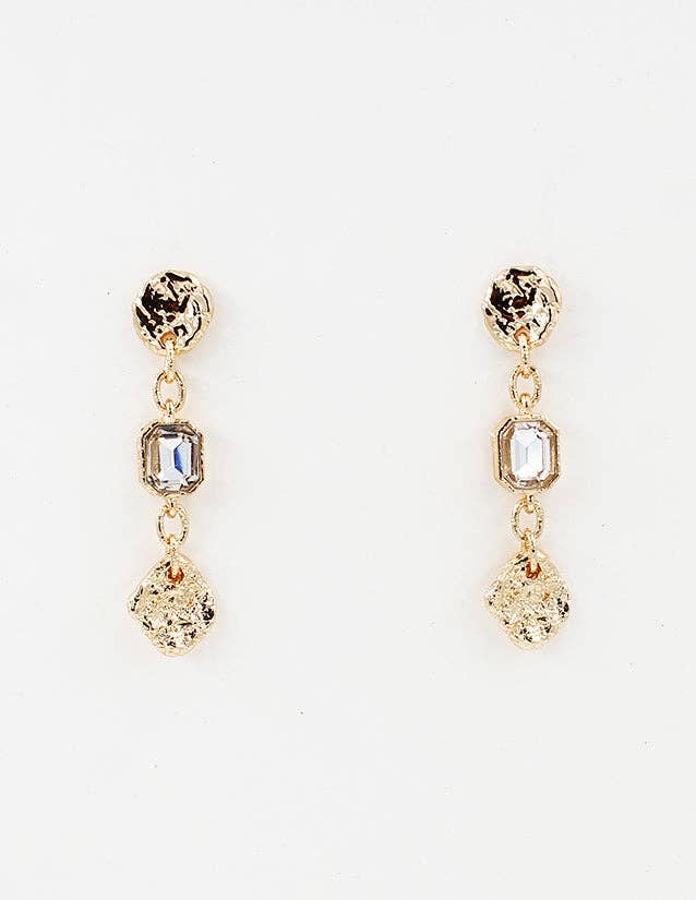Gold Hammered Coin with Clear Crystal Drop 2" Earring