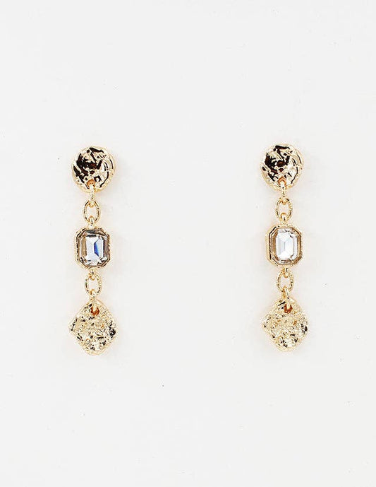 Gold Hammered Coin with Clear Crystal Drop 2" Earring