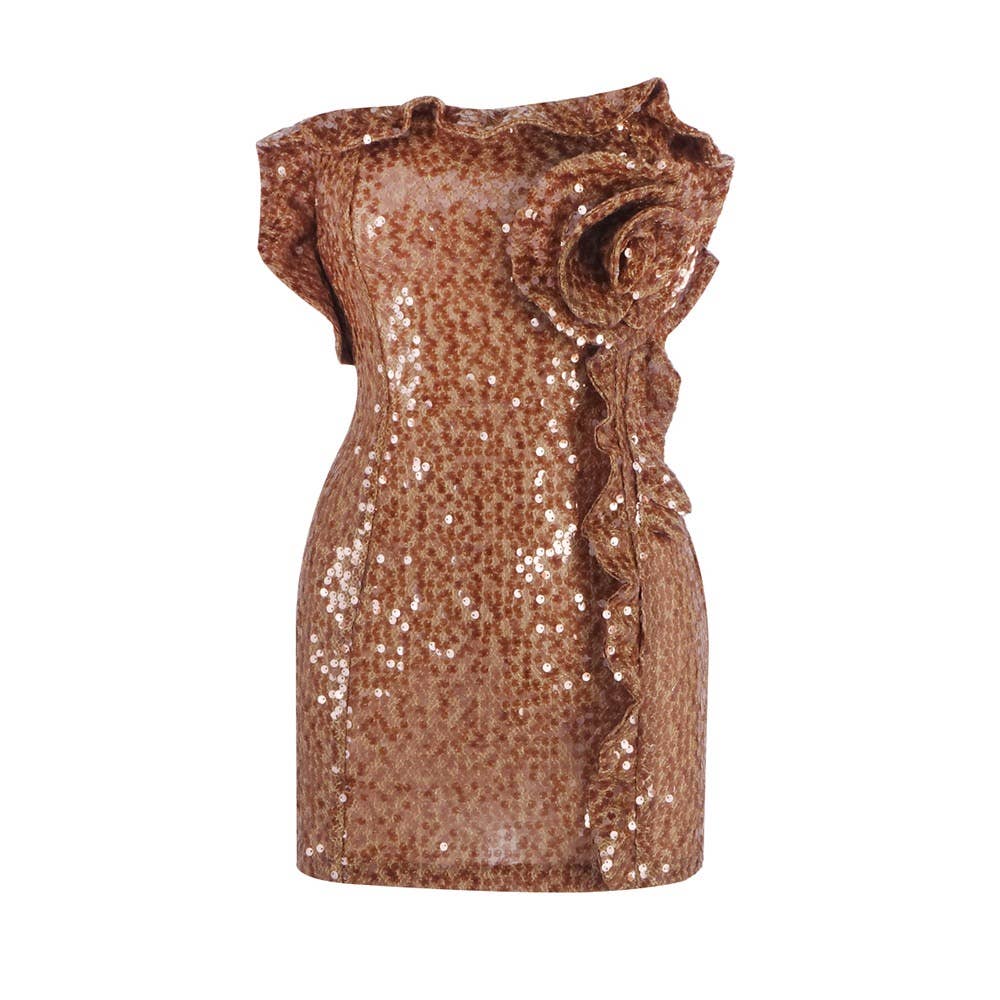 3D Floral Sequin Strapless Ruffle Evening Dress