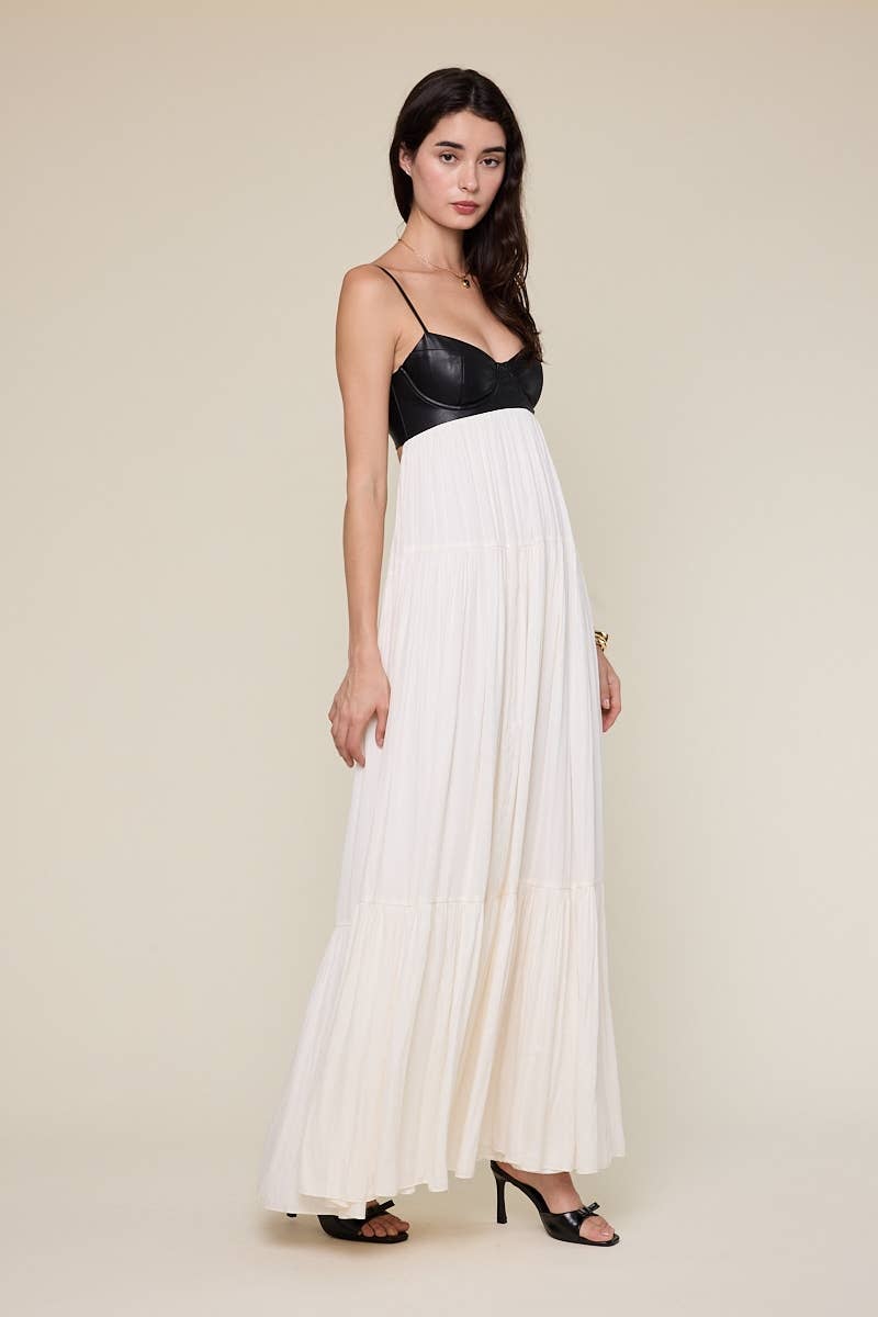 Leather Bra Top Silky Maxi Dress