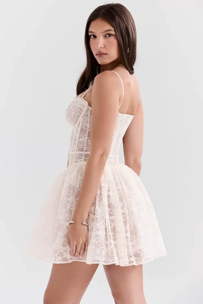 Ivory floral-lace corset mini dress for women
