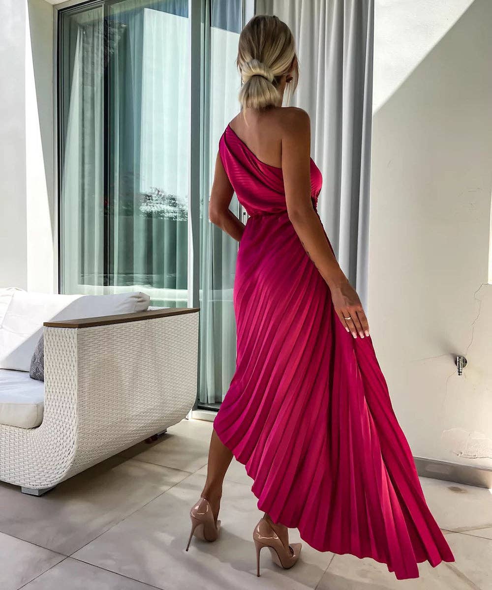 Asymmetric Shoulder Pleated Gown