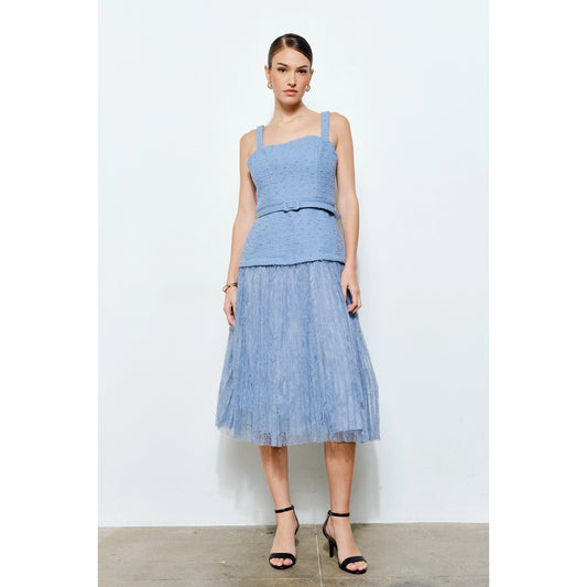 Belted Tweed Dress with Lace Pleats