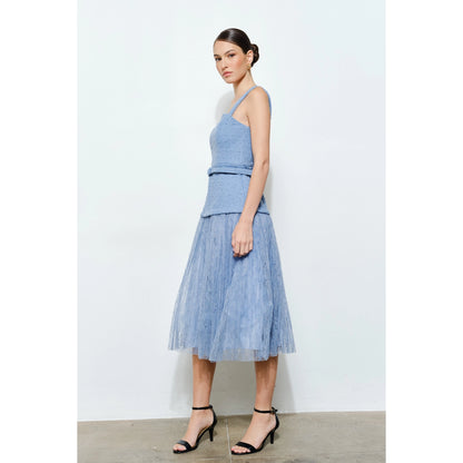 Belted Tweed Dress with Lace Pleats