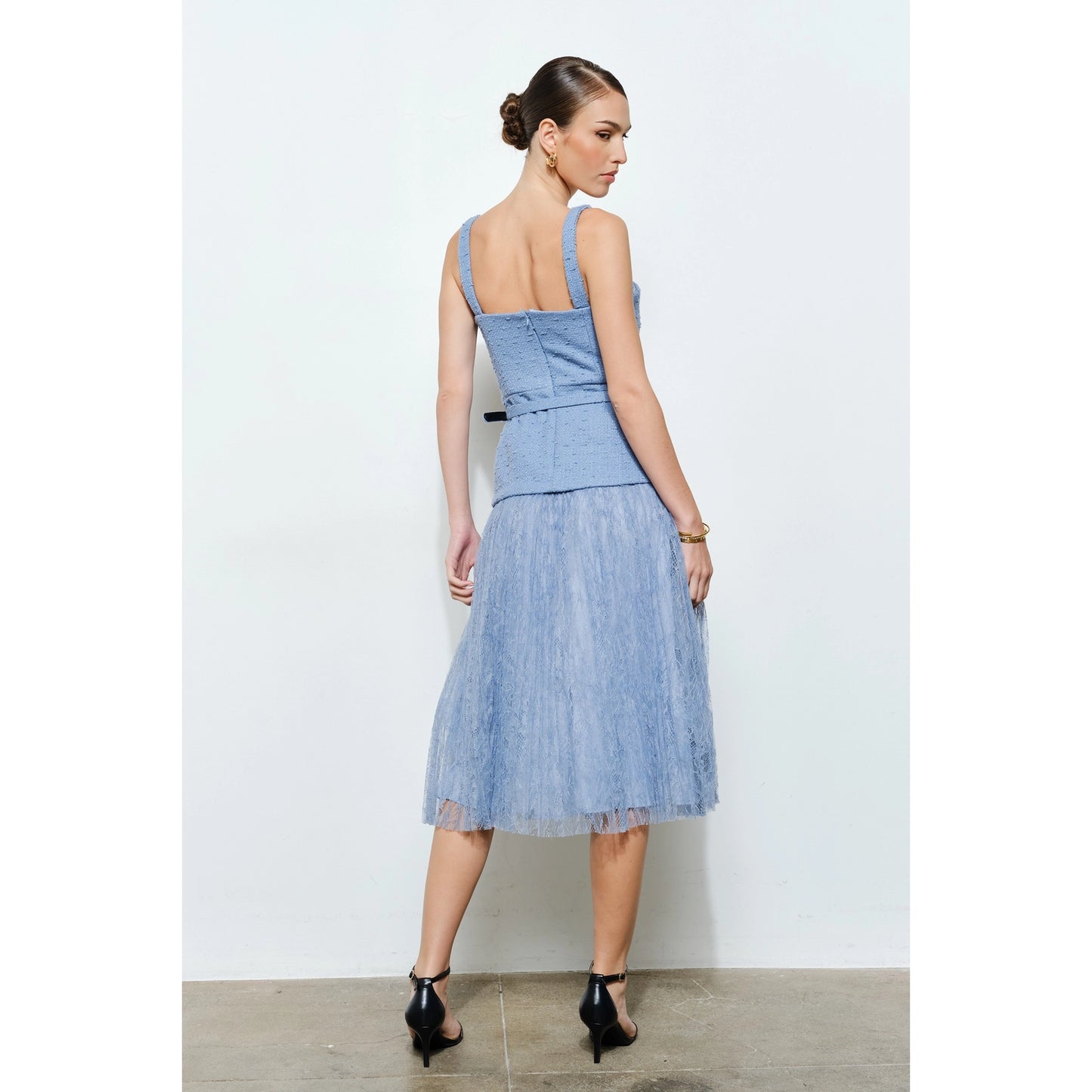 Belted Tweed Dress with Lace Pleats