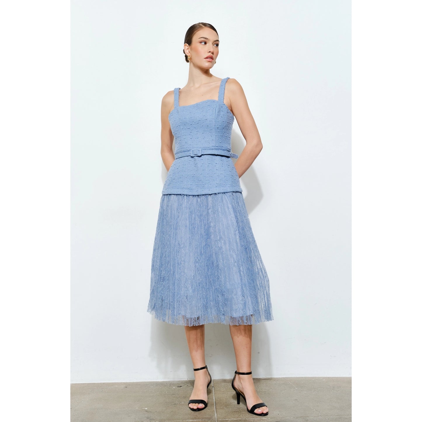 Belted Tweed Dress with Lace Pleats
