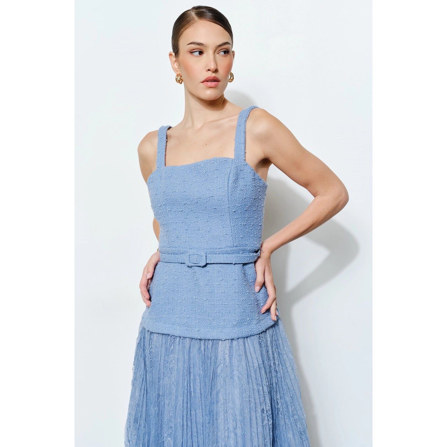 Belted Tweed Dress with Lace Pleats