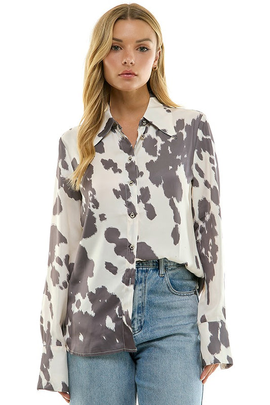 Cow Print Woven Button Up Top