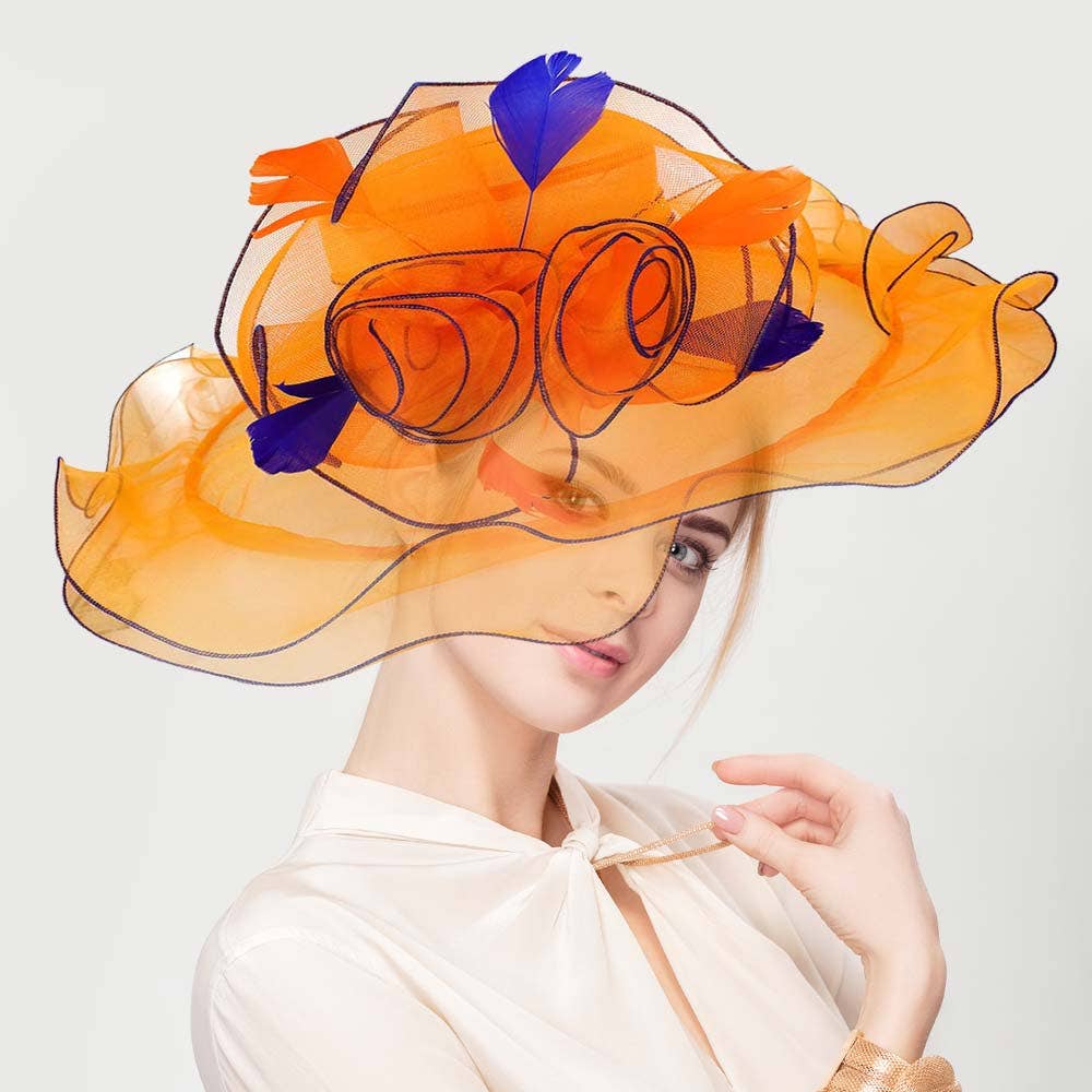 Flower Feather Accented Double Layered Organza Hat