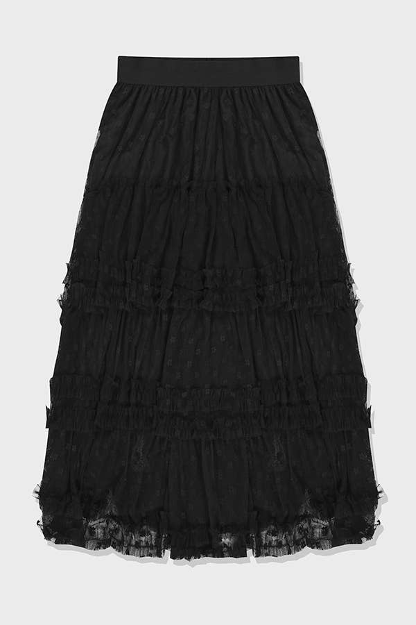Ruffled Layers/Floral Lace Midi Skirt in Black
