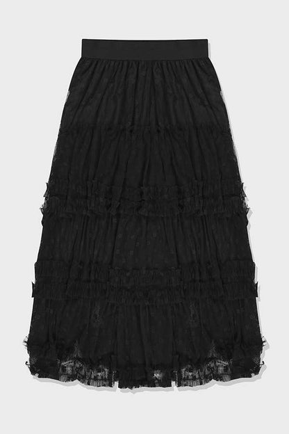 Ruffled Layers/Floral Lace Midi Skirt in Black