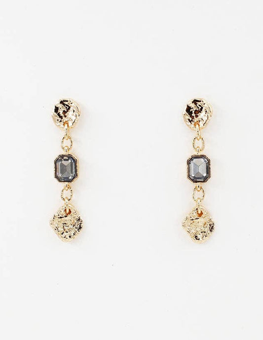 Gold Hammered Coin with Black Diamond Crystal Drop 2" Earring