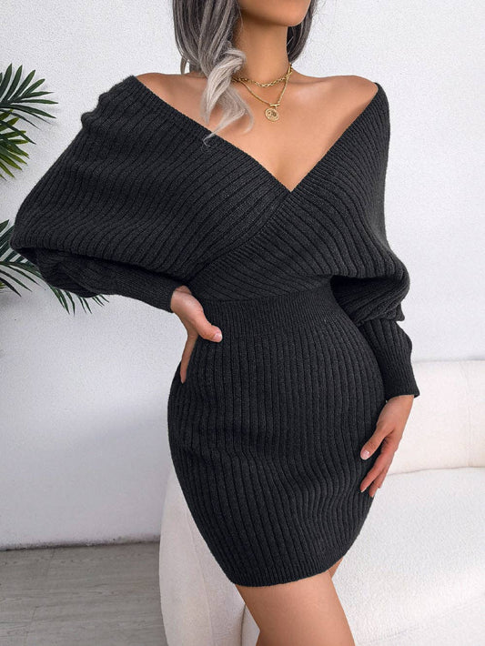 Ladies Batwing Sleeves V-Neck Knit Dress