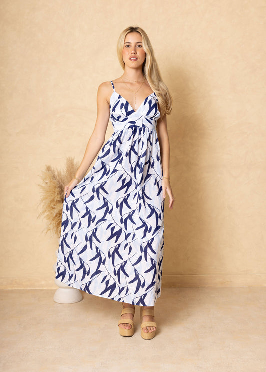 Blue Leaves Print Cotton Maxi Dress