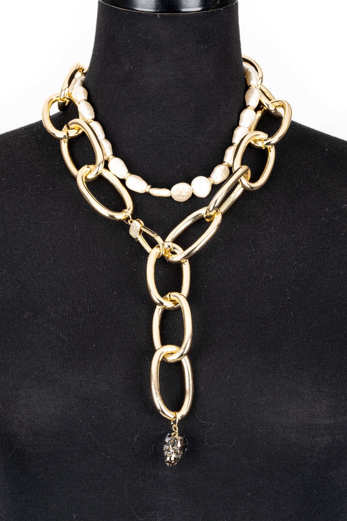 Gold Chain & Pearl Necklace with Crystal Drop Pendant