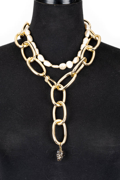 Gold Chain & Pearl Necklace with Crystal Drop Pendant